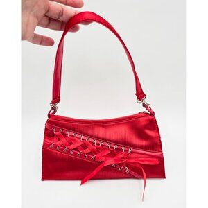 VTG Red Satin Bongo Shoulder Bag With Lace-Up Corset Detail Zip Closure Coquette